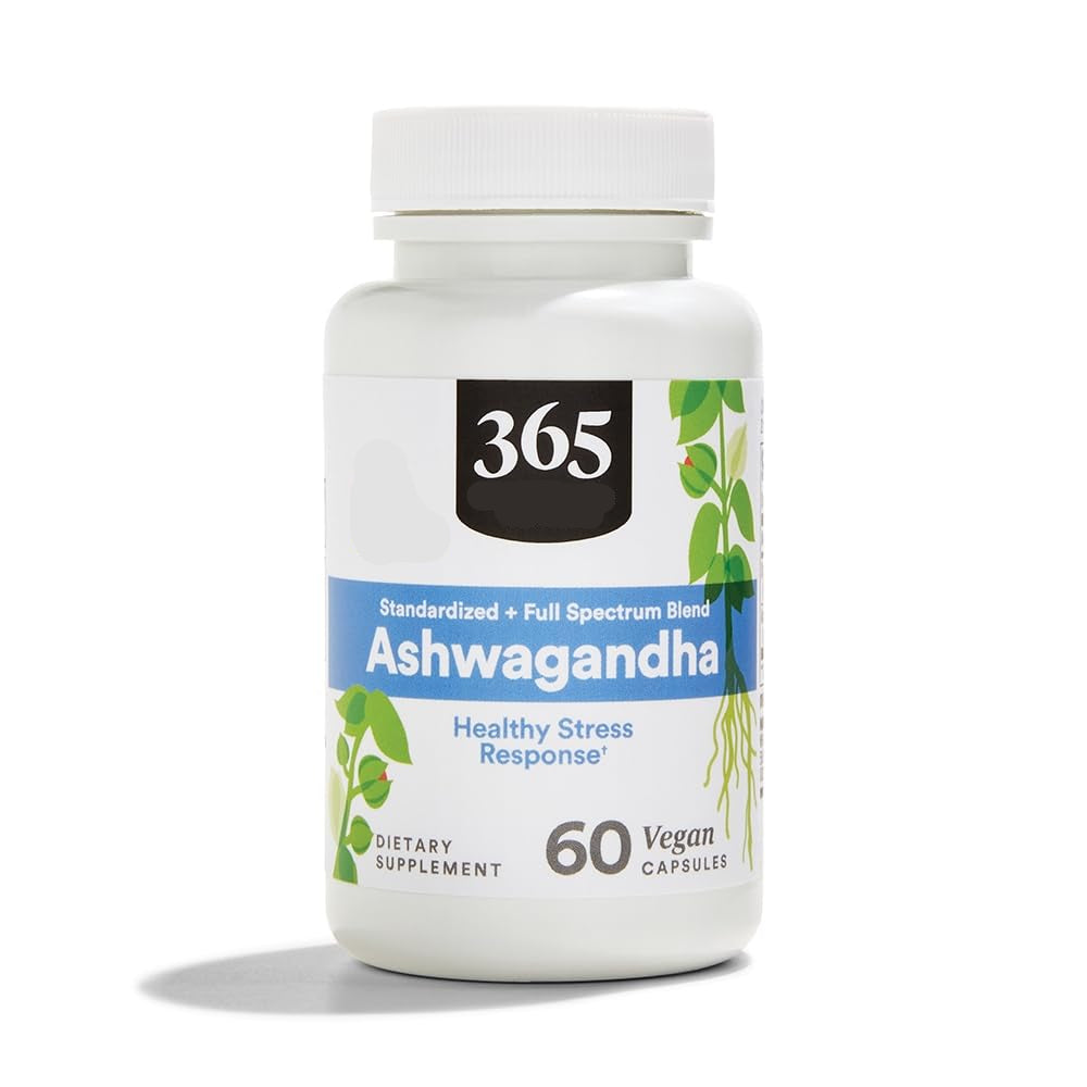 Supplement bottle labeled '365 Whole Foods Market Ashwagandha' on a white background