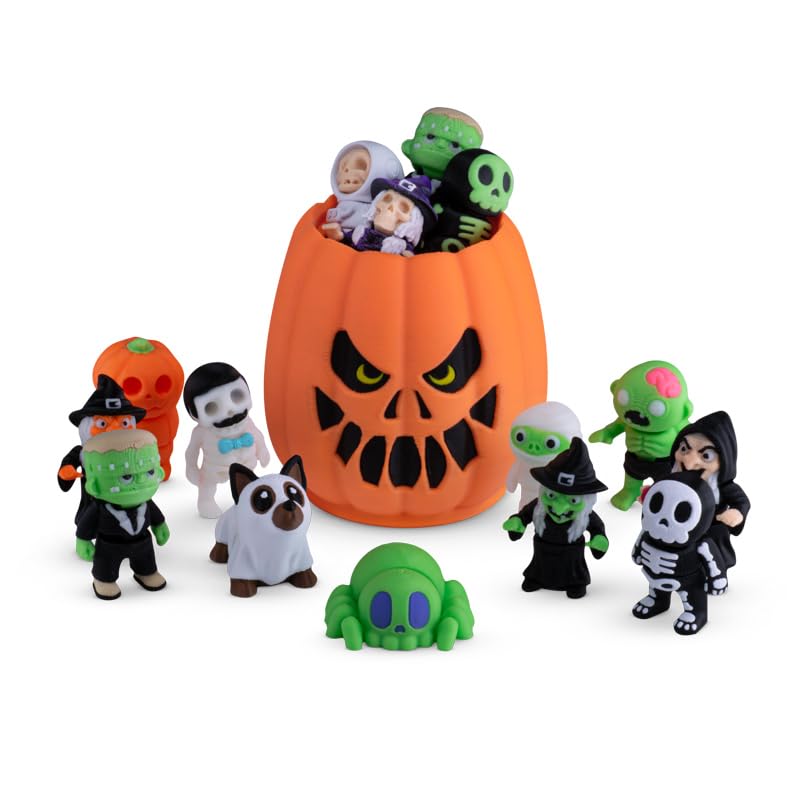 Spooky Mystery Box, 10 Articulated Ghoulish Figures with Pumpkin Container, Random Figures and Mystery Removeable Pumpkin Lid