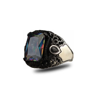 BayVog 925 Sterling Silver Mens Ring with Mystic Topaz Gem Stone, Handmade Men Silver Ring, Mystic Topaz Gemstone Mens Ring, Turkish Silver Ring, Gift for Men