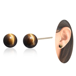Teppdfann Tiger Eye Stone Stud Earrings Brown Ball Earrings 14K Gold Plated 8mm Round Gemstone Earrings for Women Tiger Eye Jewelry for Gift