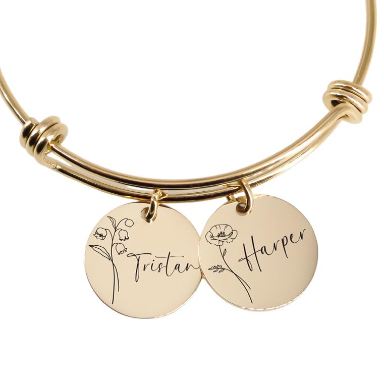 BrandedHeartJewelry Personalized Yellow Gold Mother’s Bracelet with Names and Birth Flowers – Custom Jewelry for Mom, Nana, Grandma, Gigi, Mimi, or Wife – Sentimental Family Keepsake