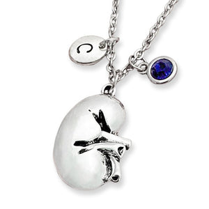 Human Kidney Necklace, Silver Anatomical Kidney, Personalized Initial, Birthstone
