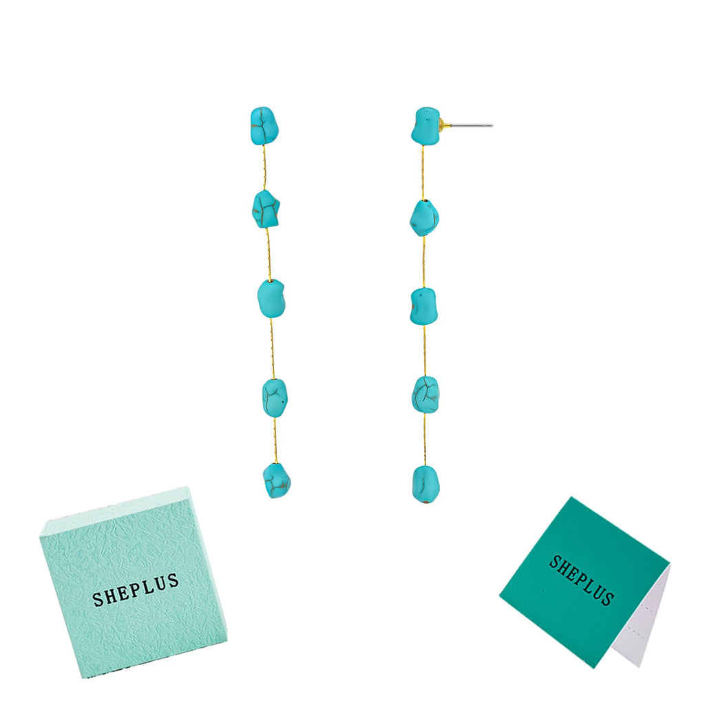 Teacher Christmas Gifts - Long Genuine Turquoise Nugget Long Dangle Earrings Lightweight Boho Real Western Drop Tassel Earring