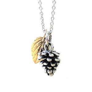 KEVIN N ANNA Sterling Silver Tiny Pinecone and Bronze Leaf Necklace, 18"
