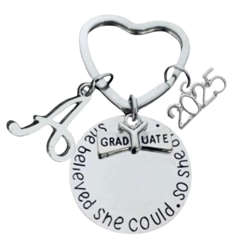 Personalized 2025 Graduation Keychain with Initial Charm - "She Believed She Could So She Did" Inspirational Gift for Women, Girls and Graduates