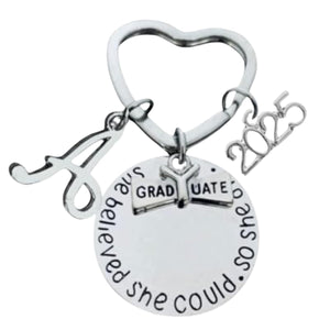 Personalized 2025 Graduation Keychain with Initial Charm - "She Believed She Could So She Did" Inspirational Gift for Women, Girls and Graduates