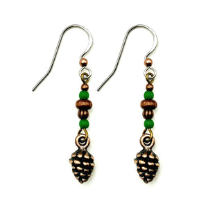 Adorable Little Copper Pinecone Earrings in Earthy Forest Colors Green and Wood Beads Winter Nature Jewelry Fall Autumn Holidays Christmas Mountains Camping Outdoors Jewelry Perfect Gift Idea