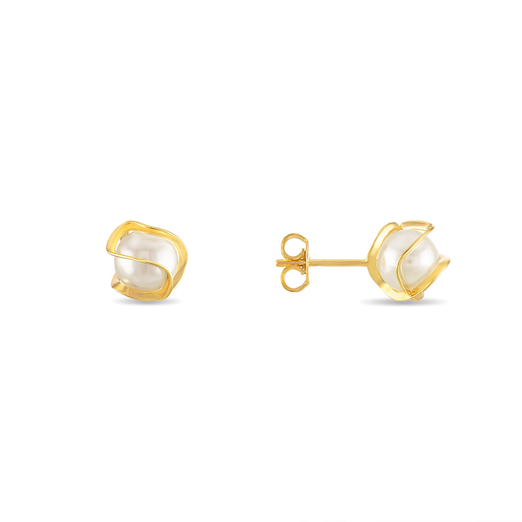 Barzel 18K Gold Plated Caged Pearl Stud Earrings, 6MM - Made In Brazil