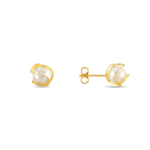 Barzel 18K Gold Plated Caged Pearl Stud Earrings, 6MM - Made In Brazil
