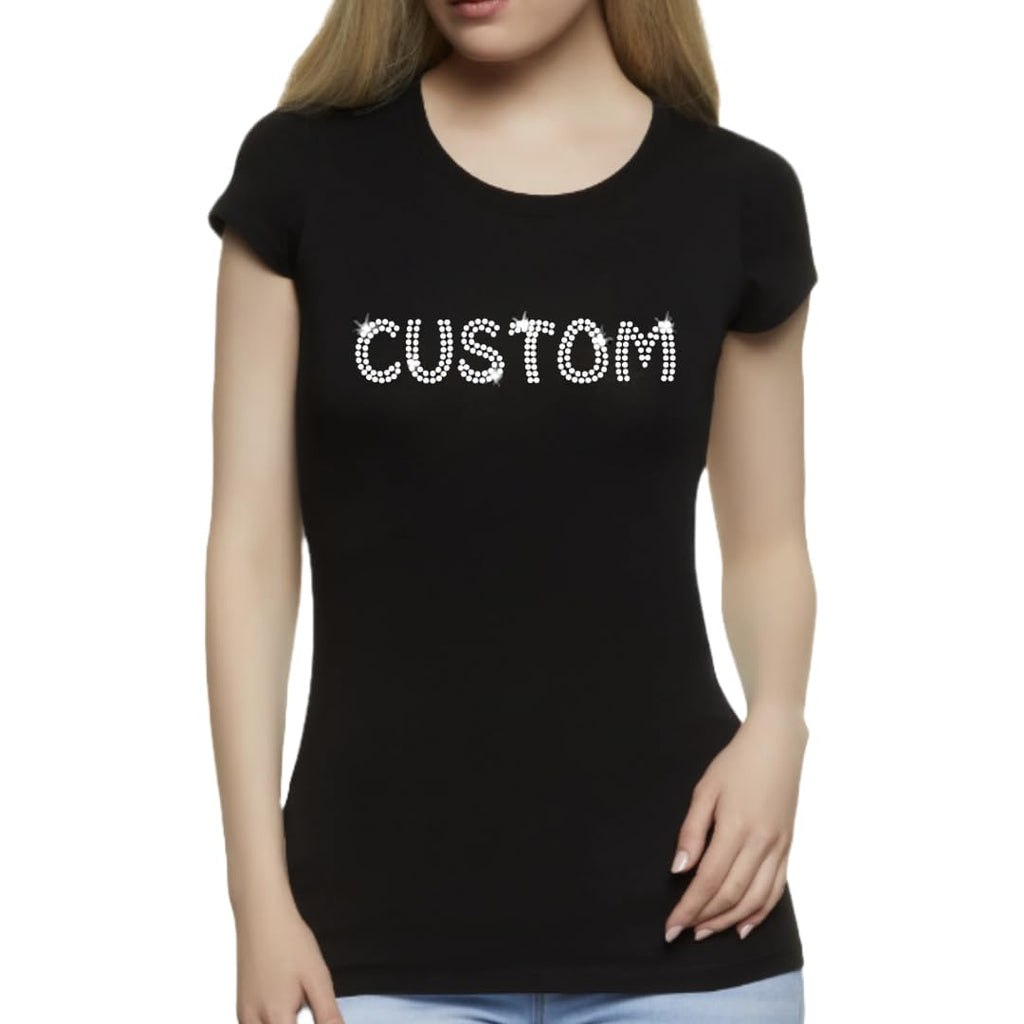Custom Rhinestone Bling T-Shirt for Women – Personalized Crystal Crew Neck Top with Custom Words – Bedazzled Sparkle Shirt, Glitter Tee, Short Sleeve Bling Shirt for Birthday, Bride, Bachelorette