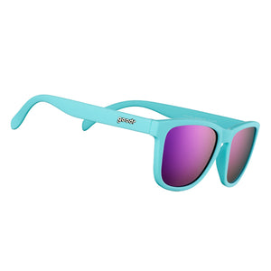 goodr Electric Dinotopia Carnival Polarized Sunglasses, Medium Sized (OG), Light Teal Solid Frames with Purple Mirrored Reflective Lens, UV400 Protection, No Slip, No Bounce