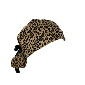 Turn Up Ponytail Medical Scrub Cap – Leopard Print. - Dr. Hats, Nurses Hats. Scrub Hat for Women