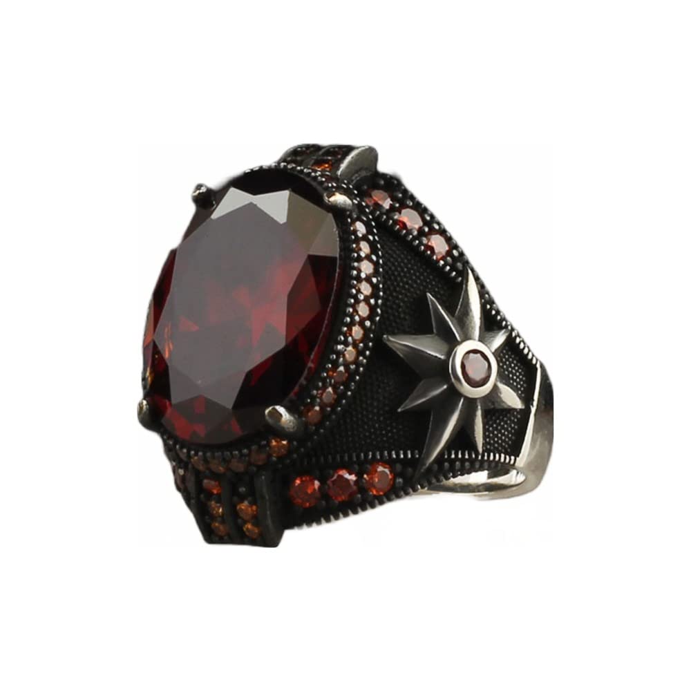BayVog 925 Sterling Silver Garnet Stone Compass Detailed Men's Statement Ring, Handcrafted Silver Ring, Turkish Silver Ring, Valentine's Day Gift