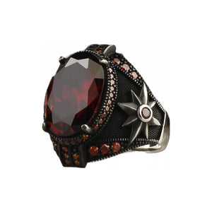 BayVog 925 Sterling Silver Garnet Stone Compass Detailed Men's Statement Ring, Handcrafted Silver Ring, Turkish Silver Ring, Valentine's Day Gift