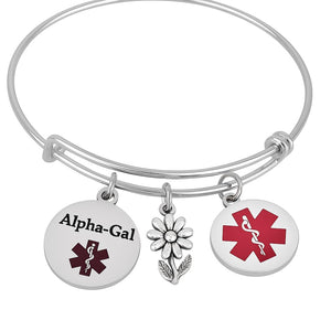 Alpha-Gal Allergy Medical Alert ID Bracelet – Silver Adjustable Bangle with Medical Charms – Personalized Medical ID Jewelry for Women & Teens