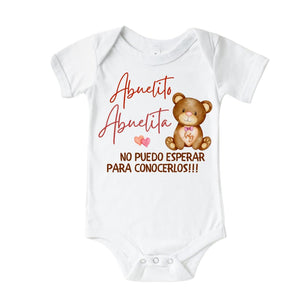 Hola Abuelita And Abuelito Grandma And Grandpa Baby Announcement Onesie In Spanish, Cute Pregnancy Announcement Gifts For Grandparents, Surprise Baby Reveal Ideas Abuelitos To Be.