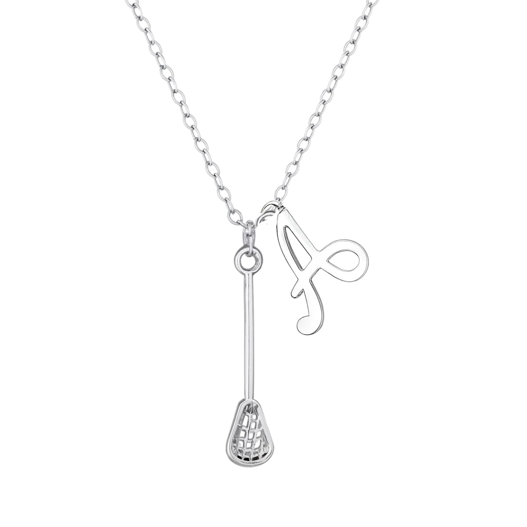Personalized Stainless Steel Lacrosse Stick Charm Necklace with Initial Pendant – Custom Lacrosse Jewelry Gift for Players, Coaches, Teams, Birthday, Christmas, End of Season – Velvet Gift Bag