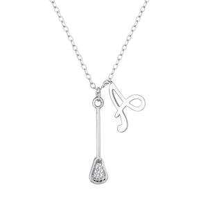 Personalized Stainless Steel Lacrosse Stick Charm Necklace with Initial Pendant – Custom Lacrosse Jewelry Gift for Players, Coaches, Teams, Birthday, Christmas, End of Season – Velvet Gift Bag