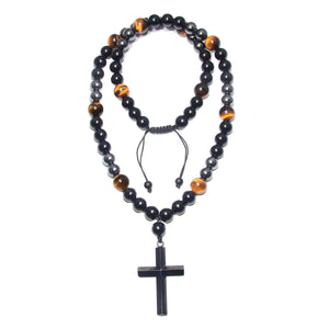 GENASTO Healing Crystal Beads Necklace for Men Triple Protection Men Cross Necklace Black Obsidian Tiger Eye and Hematite Beads Christmas Gifts for Prayer and Meditation