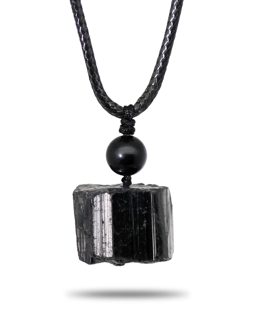 GALKCRST Raw Black Tourmaline Necklace - Protection Crystal Black Necklace for Men Healing Crystal Necklace with Leather Chain and Adjustable Knot Soothe Mind Emotions