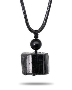 GALKCRST Raw Black Tourmaline Necklace - Protection Crystal Black Necklace for Men Healing Crystal Necklace with Leather Chain and Adjustable Knot Soothe Mind Emotions