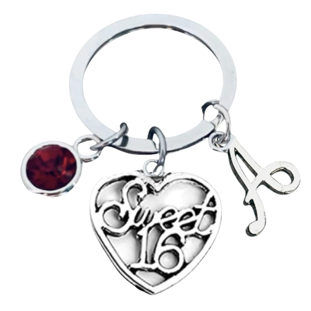 Sweet 16 Keychain with Heart Charm, Birthstone and Personalized Initial Letter – Sixteenth Birthday Gift for Teen Girls, Daughter, Granddaughter or Niece
