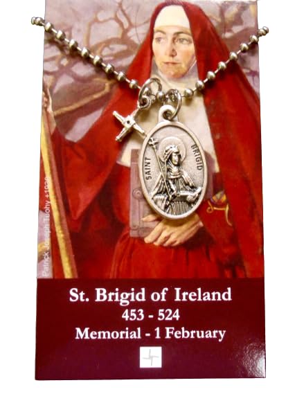 St BRIGID Medal Necklace | Saint Brigid Cross | Brigid of Kildare | Patron Saint Irish Necklace | 30" Stainless Steel Ball Chain | Includes Prayer Card