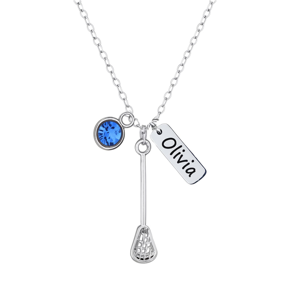Lacrosse Necklace, Custom Engraved Stainless Steel Lacrosse Stick Pendant with Birthstone & Name Charm, Rose Gold or Silver Jewelry Gift for Lacrosse Players, Teams, Coaches, Lax Fans