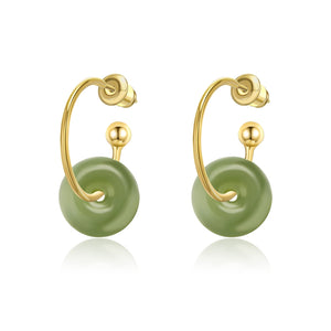 Natural Jade Earrings 14k Gold Plated Sterling Silver, Dainty Hetian Jade Charm Pendant Hoop Jewelry Handmade Green Earrings for Women Her