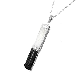 Black Tourmaline and Selenite Stacked Pendant Necklace Sterling Silver Chain - Handmade by mmCrystals™