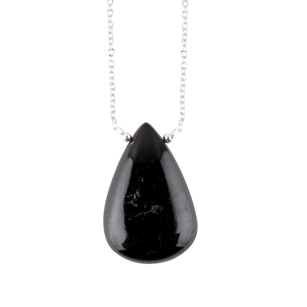 Thecraftman Natural Black Tourmaline Pear Cabochon Necklace, Gemstone Pendant Necklace, Genuine Gemstone, Birthstone, Gift for Her, Healing Stone, 18 Inch