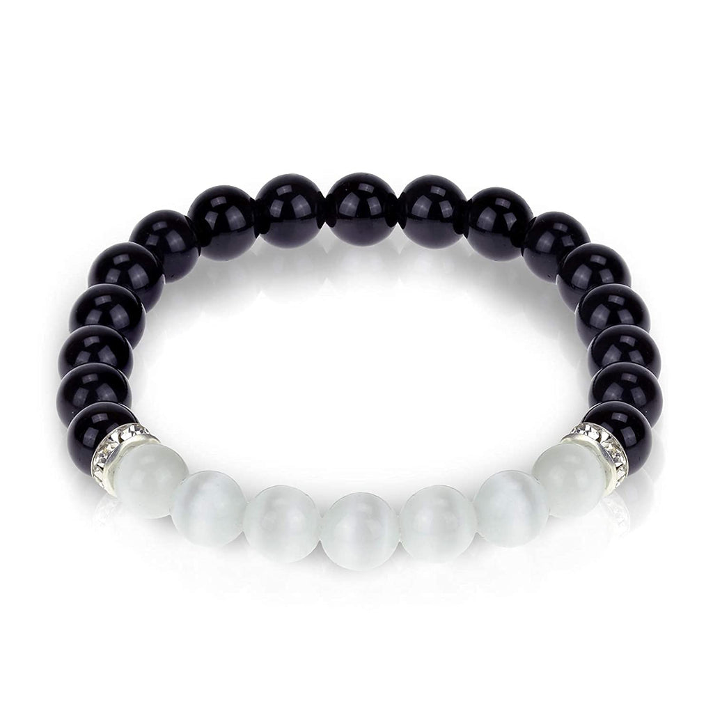 Black Obsidian & White Selenite Agate Bracelet – Chakra Healing Energy Balancing Crystal Bracelet for Protection & Mindfulness Gift