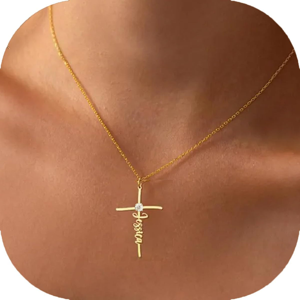 Ajiangwu Custom Name Necklace with Diamond Cross for Women,18K Gold Plated Necklace Personalized Christian Necklace Christmas Stocking Stuffers Jewelry Gifts for Mom