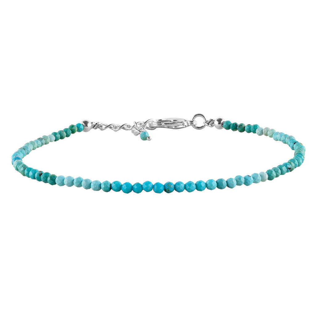 YANARA Real Turquoise Bracelet For Women Genuine Gemstone, Natural December Birthstone, Handmade Simple Bracelet, Gorgeous Micro Beads Chakra Jewelry, Crystals in Silver Plated Chain 8 inch