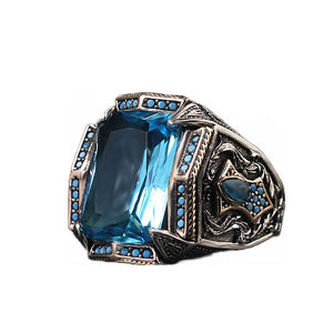 925 Sterling Silver Aquamarine Stone with Turquoise Stones Men Silver Ring, Handmade Blue Aquamarine Stone Men's Silver Ring, Vintage Men Ring, Turkish Ottoman Men Ring, Gift for him, Mens Ring