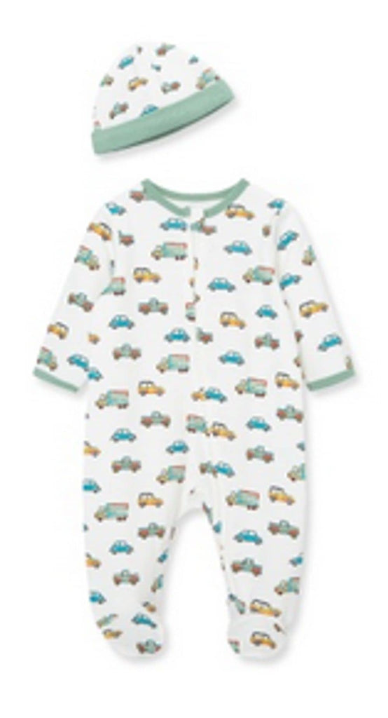 Little Me Baby Boy Clothes 2-Piece Baby Sleeper and Cap Set 100% Cotton Footies with Full 2-way Zipper and Scratch Free Tags Baby Essentials - 9 months, Trucks and Cars