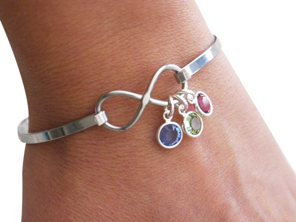 Madie's Charms Infinity Bangle - Birthstone Bracelet - 1 2 3 4 5 6 7 Birthstones - Mothers Gifts - Personalized - Love - for Mom Grandmothers - Grandma - Grandchildren - Custom - Personalized