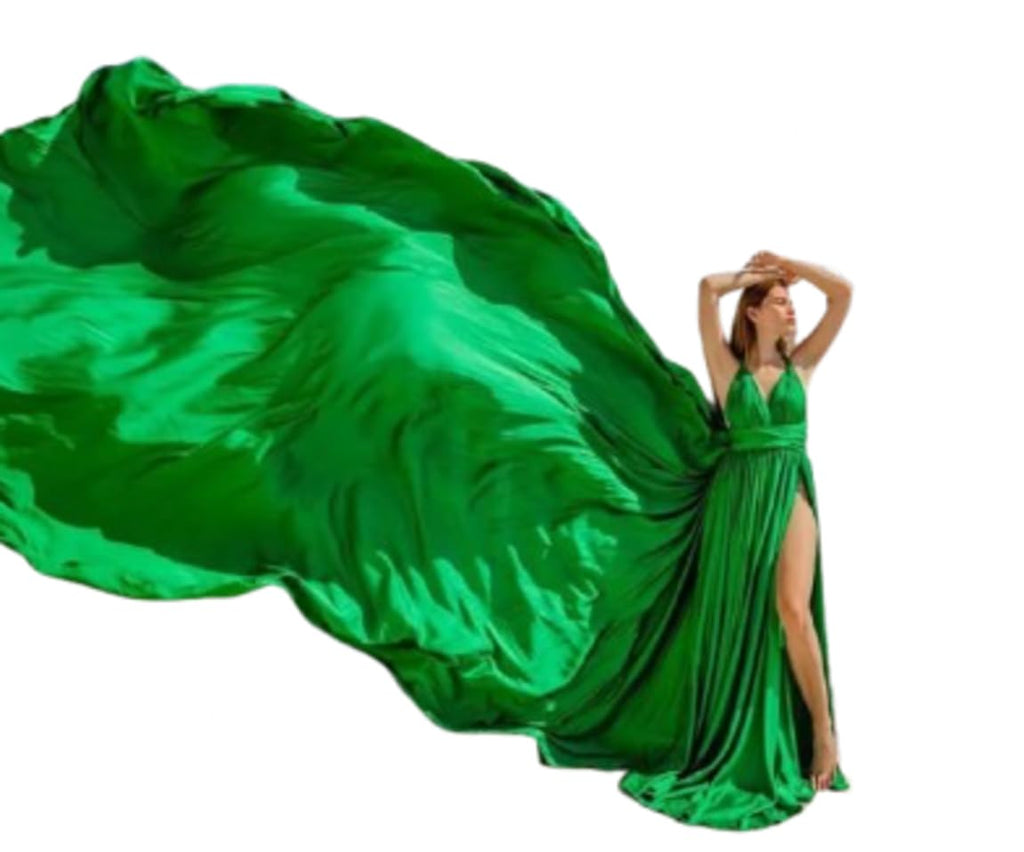 Green Satin Beach Dress, Long Flowy Infinity Dress Custom Asymmetrical Flying Dress