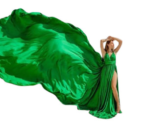 Green Satin Beach Dress, Long Flowy Infinity Dress Custom Asymmetrical Flying Dress