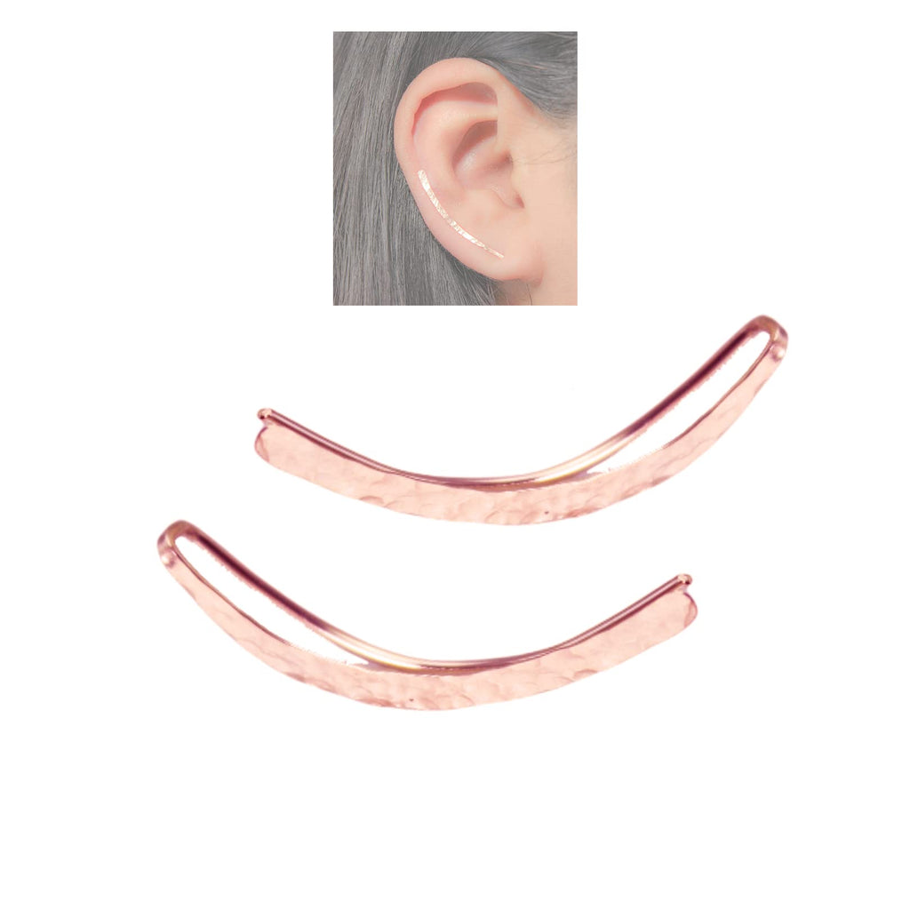 Pair of 14K Rose Gold Filled Hammered Ear Climber Earrings, Ear Crawlers, Long Curved Clip On Ear Pins