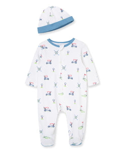 Little Me Baby Boys' 100% Cotton Scratch-Free Tag Footed One-Piece Romper and Hat Sleeper Set, Golf Cart, Preemie