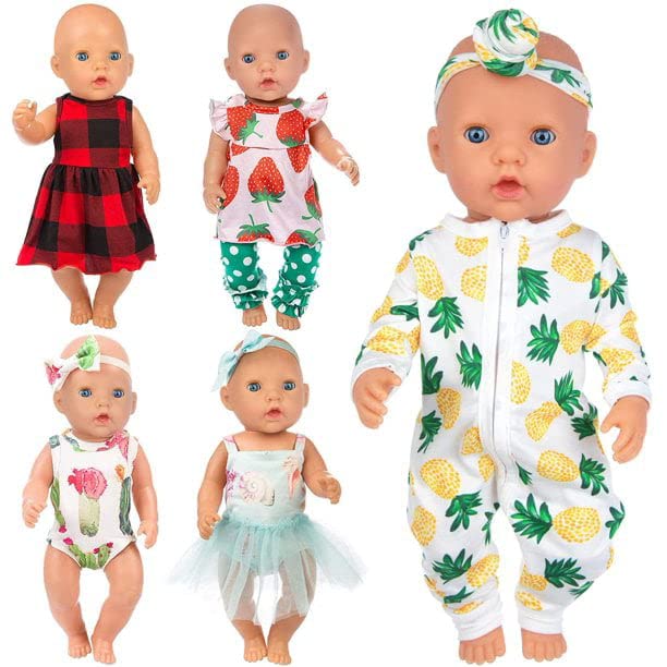 Ecore Fun 5 Sets 14-18 Inch Baby Doll Clothes and Headbands Outfits Pjs Baby Doll Accessories for 43cm New Born Dolls, 15 Inch Baby Dolls