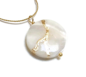 20mm Mother-of-Pearl Recovery Pendant Mended with 23k Gold, Kintsugi Cord Necklace