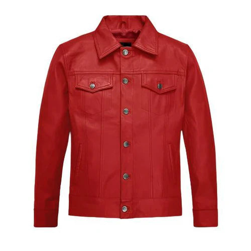 Men's Red Faux Trucker Leather Jacket