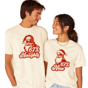6 7 Shirt Nice or Naughty Husband and Wife Christmas Pajamas Top, Funny Meme Xmas Shirts for Boyfriend, Girlfriend or Group of Friends, His and Hers Matching Holiday Outfits. White