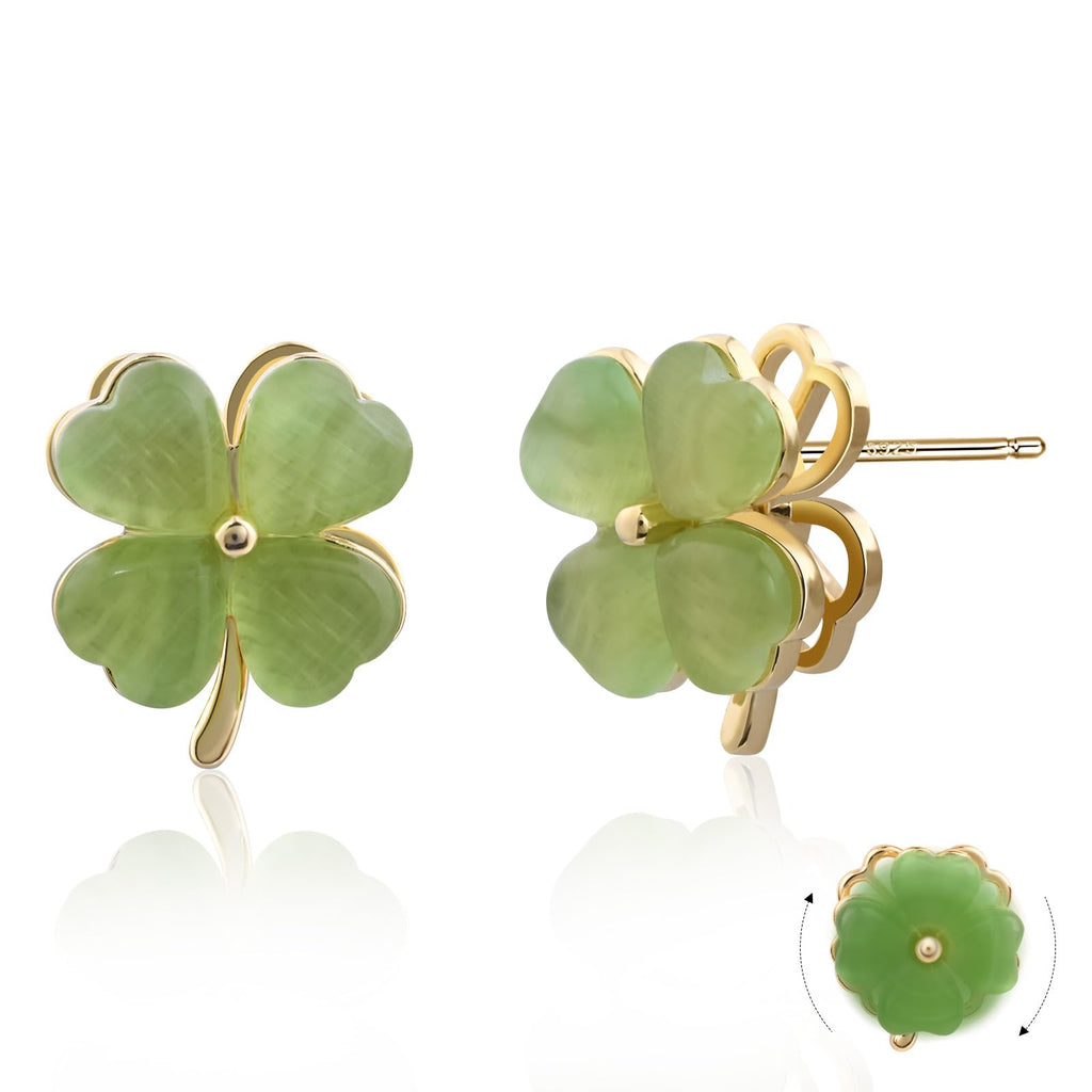 Desnuage Rotatable Four Leaf Clover Earrings Stud Jade Earrings Green Stud Gold Earrings for Women Trendy