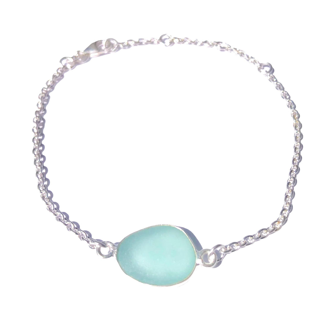 Sea Stamped Aqua Sea Glass Bracelet-Adjustable Sterling Silver Beach Glass Bracelet-Sea Glass Jewelry for Women