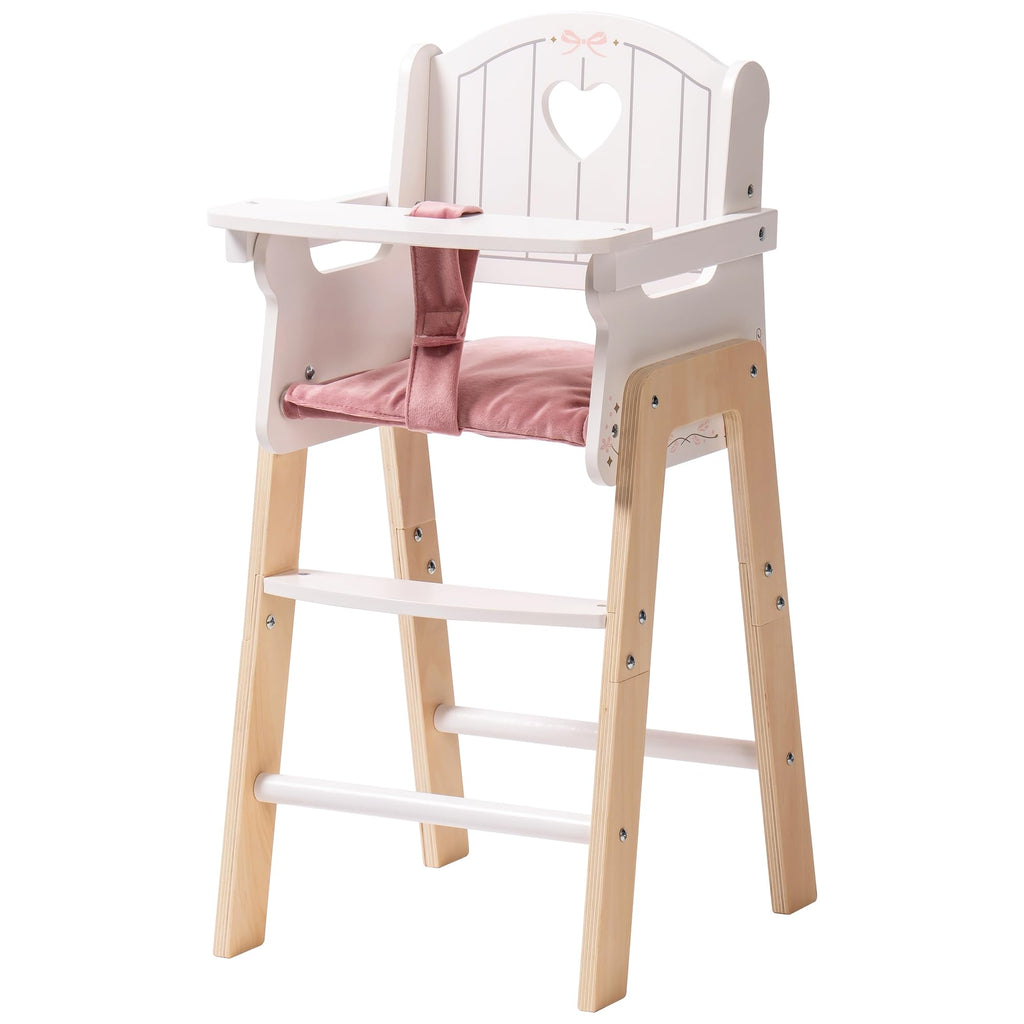 ROBOTIME Wooden Baby Doll High Chair, Pink Wooden Baby Doll Chair for 18 Inch Dolls, Pretend Play High Chair Baby Doll Accessories, Small