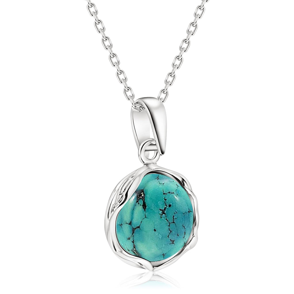 ADITA GOLD 925 Sterling Silver Turquoise Necklace - Dainty 12mm Round Gemstone Pendant, December Birthstone, Delicate Handmade Jewelry, Vintage Antique Everyday Jewel, for Classy Women