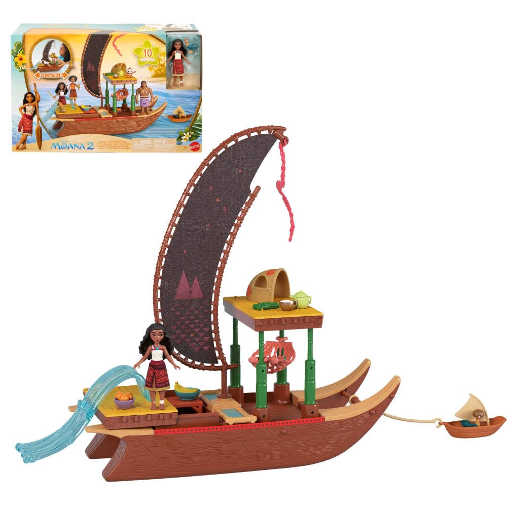 Mattel Disney Moana 2 Toy Playset with Floating Adventure Canoe, Small Doll, 1 Character Friend, 6 Play Areas & 10 Accessories